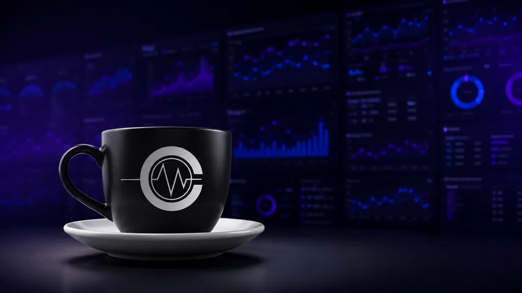 A Melt Cafe branded coffee cup in front of monitors displaying observability dashboards