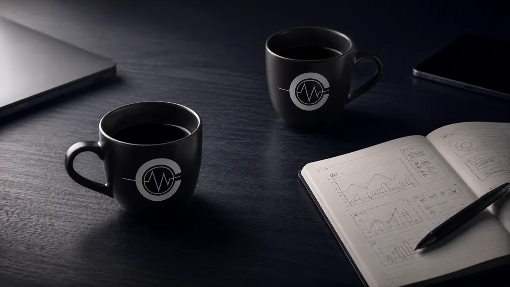 Two Melt Cafe branded coffee cups on a desk with a notebook showing dashboard sketches